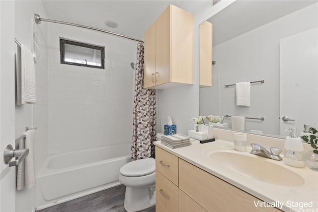 95-1039 Palamoa St Unit 107, Mililani, HI 96789 - full bathroom featuring vanity, toilet, shower / tub combo with curtain, and wood finished floors