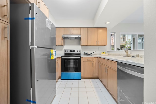 7007 Hawaii Kai Dr Unit A16, Honolulu, HI 96825 - kitchen featuring stainless steel appliances, under cabinet range hood, light countertops, a sink, and light tile patterned floors