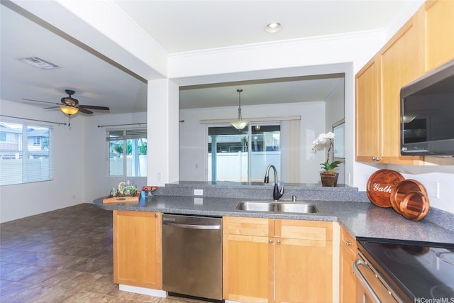 91-1200 Keaunui Dr Unit 400, Ewa Beach, HI 96706 - kitchen featuring appliances with stainless steel finishes, a sink, a peninsula, a ceiling fan, and hanging light fixtures