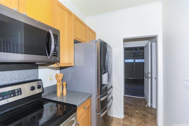 91-1200 Keaunui Dr Unit 400, Ewa Beach, HI 96706 - kitchen with stainless steel appliances, stone finish floors, dark countertops, and ornamental molding