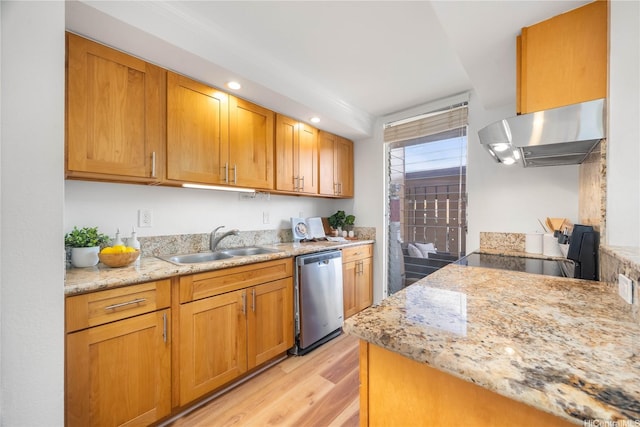 94-391 Kaholo St Unit 88, Mililani, HI 96789 - kitchen with stainless steel dishwasher, range hood, light wood finished floors, electric range oven, and light stone countertops