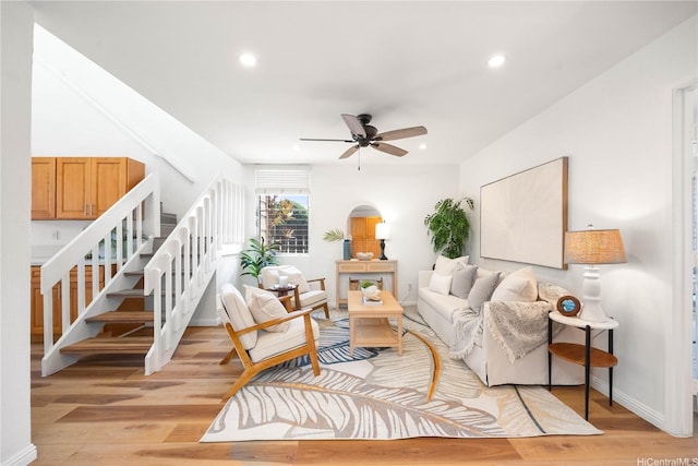 94-391 Kaholo St Unit 88, Mililani, HI 96789 - living room featuring light wood-style flooring, stairs, ceiling fan, and recessed lighting