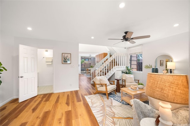 94-391 Kaholo St Unit 88, Mililani, HI 96789 - living area with stairway, ceiling fan, recessed lighting, and light wood-style floors