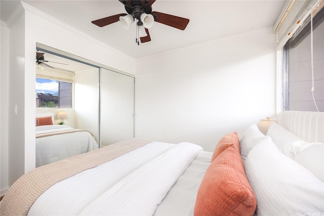 94-391 Kaholo St Unit 88, Mililani, HI 96789 - bedroom featuring ornamental molding, a closet, and a ceiling fan