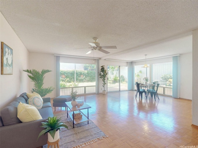 94-1036 Leomana Pl, Waipahu, HI 96797 - living room with a textured ceiling and ceiling fan