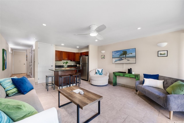 57-91 Lalo Kuilima Pl Unit 5/47, Kahuku, HI 96731 - living room featuring recessed lighting, a ceiling fan, light tile patterned floors, and baseboards