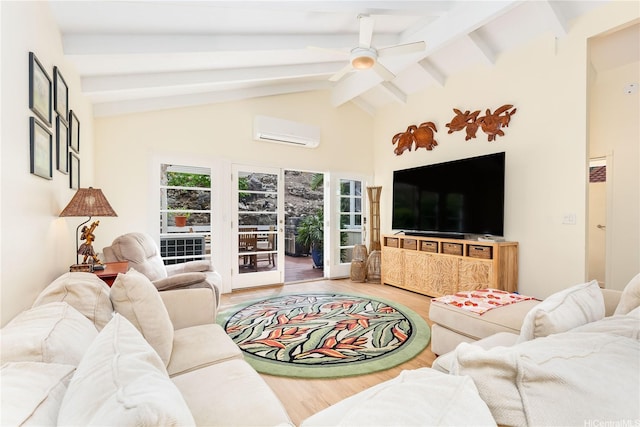 1441 Honokahua St, Honolulu, HI 96825 - living area with a wall mounted air conditioner, beamed ceiling, light wood-style flooring, a ceiling fan, and high vaulted ceiling