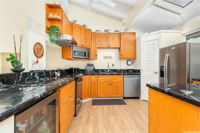 1441 Honokahua St, Honolulu, HI 96825 - kitchen with stainless steel appliances, beverage cooler, a sink, under cabinet range hood, and light wood-type flooring