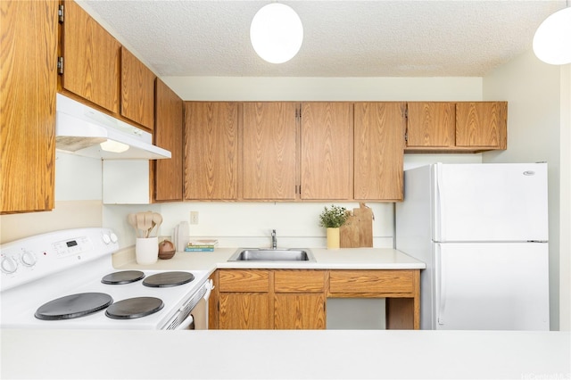 98-402 Koauka Loop Unit 1503, Aiea, HI 96701 - kitchen featuring white appliances, under cabinet range hood, a sink, light countertops, and a textured ceiling
