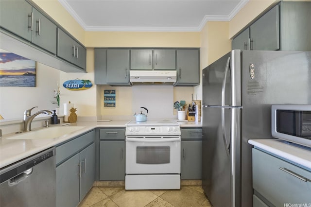 84-740 Kili Dr Unit G1626, Waianae, HI 96792 - kitchen featuring appliances with stainless steel finishes, under cabinet range hood, a sink, gray cabinets, and ornamental molding