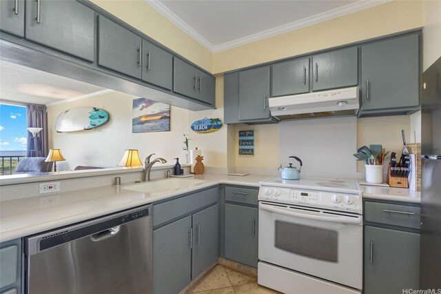 84-740 Kili Dr Unit G1626, Waianae, HI 96792 - kitchen with under cabinet range hood, white range with electric cooktop, stainless steel dishwasher, crown molding, and a sink