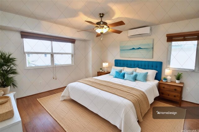 91-1066 Lanakoi St, Kapolei, HI 96707 - bedroom with an AC wall unit, wood finished floors, and ceiling fan