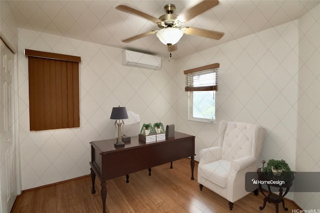 91-1066 Lanakoi St, Kapolei, HI 96707 - office area with wood finished floors, a wall mounted AC, and ceiling fan