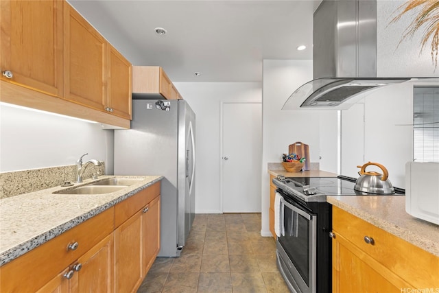 95-112 Kipapa Dr Unit 418, Mililani, HI 96789 - kitchen with stainless steel appliances, island exhaust hood, light stone counters, recessed lighting, and brown cabinets