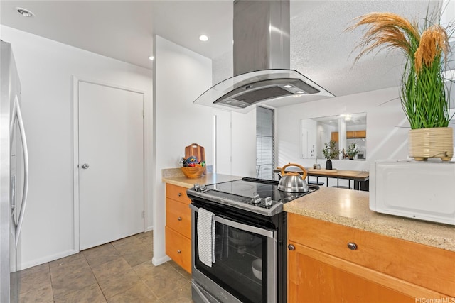 95-112 Kipapa Dr Unit 418, Mililani, HI 96789 - kitchen featuring stainless steel appliances, island exhaust hood, light countertops, recessed lighting, and brown cabinets