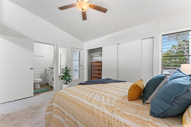 95-112 Kipapa Dr Unit 418, Mililani, HI 96789 - bedroom featuring light colored carpet, vaulted ceiling, connected bathroom, and a ceiling fan