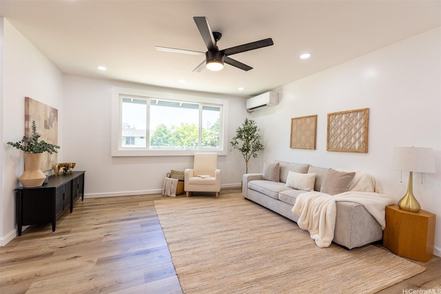 91-1327 Imelda St, Ewa Beach, HI 96706 - living area with a wall mounted air conditioner, light wood-style flooring, ceiling fan, baseboards, and recessed lighting