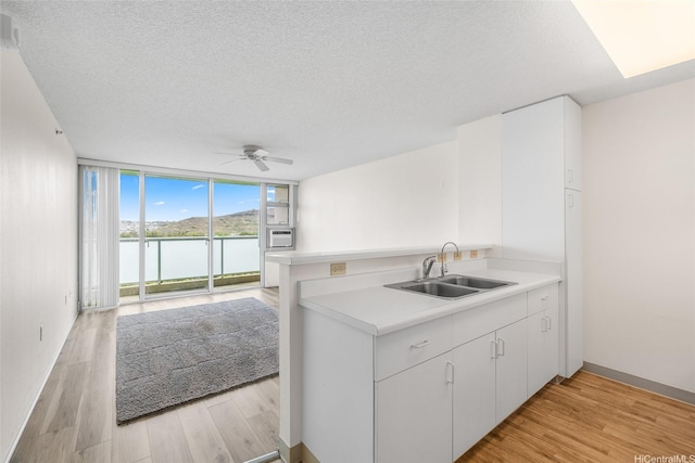 3009 Ala Makahala Pl Unit 905, Honolulu, HI 96818 - kitchen with a sink, a wall of windows, ceiling fan, a textured ceiling, and light countertops