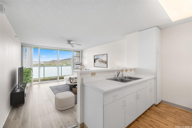3009 Ala Makahala Pl Unit 905, Honolulu, HI 96818 - kitchen with a sink, expansive windows, light countertops, a textured ceiling, and a ceiling fan