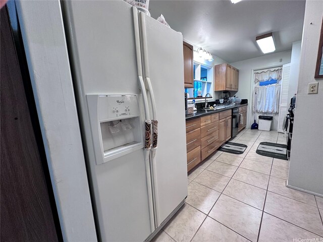 94-070 Akualele Pl, Mililani, HI 96789 - kitchen featuring dark countertops, white refrigerator with ice dispenser, light tile patterned floors, dishwasher, and a sink