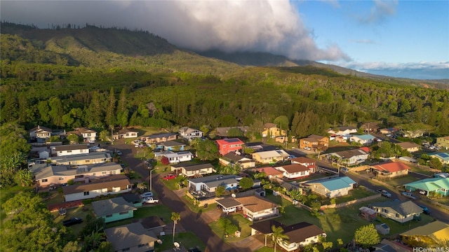538 Akahi Pl, Lanai City, HI 96763 - aerial view of property's location with a heavily wooded area, nearby suburban area, and a mountain backdrop