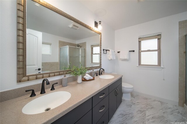 92-735 Welo St, Kapolei, HI 96707 - full bath featuring a shower stall, double vanity, toilet, and marble finish floors
