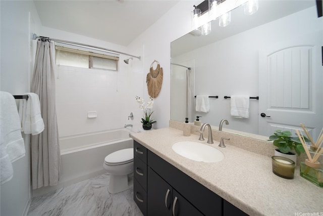 92-735 Welo St, Kapolei, HI 96707 - bathroom featuring vanity, shower / bath combination with curtain, toilet, and marble finish floors