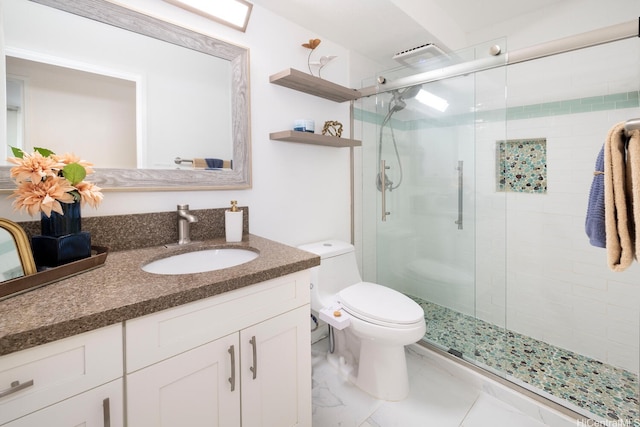 475 Atkinson Dr Unit 608, Honolulu, HI 96814 - bathroom featuring vanity, toilet, a shower stall, and marble finish floors