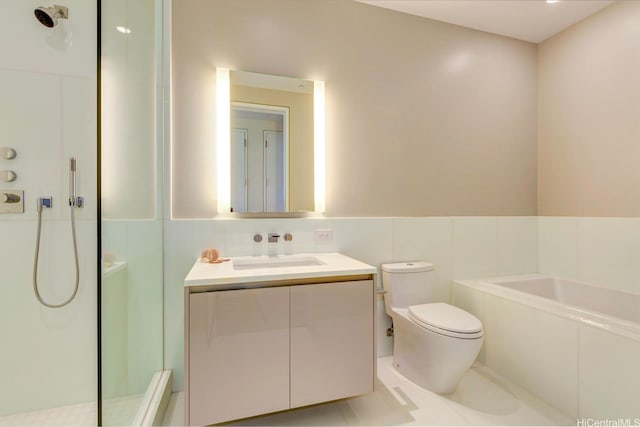 1118 Ala Moana Blvd Unit 1000, Honolulu, HI 96814 - bathroom featuring a bath, toilet, a walk in shower, vanity, and tile walls