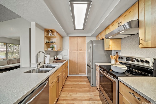 98-1712 Kaahumanu St Unit 11A, Pearl City, HI 96782 - kitchen with appliances with stainless steel finishes, under cabinet range hood, a sink, light wood-style floors, and light brown cabinets