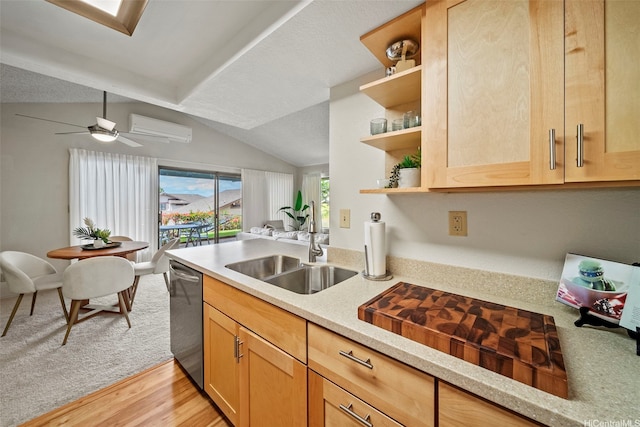 98-1712 Kaahumanu St Unit 11A, Pearl City, HI 96782 - kitchen featuring dishwasher, a sink, a wall mounted AC, vaulted ceiling, and open shelves