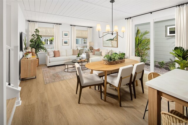 91-1101 Franklin D Roosevelt Ave Unit 353, Kapolei, HI 96707 - dining space featuring a chandelier, light wood-type flooring, and wooden ceiling