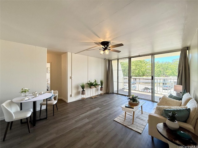 95-2055 Waikalani Pl Unit B204, Mililani, HI 96789 - living room with dark wood-type flooring, ceiling fan, floor to ceiling windows, and baseboards