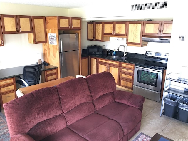 84-680 Kili Dr Unit 1204, Waianae, HI 96792 - kitchen featuring stainless steel appliances, ventilation hood, a sink, open floor plan, and brown cabinetry