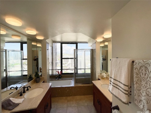 1221 Victoria St Unit 1205, Honolulu, HI 96814 - full bath featuring vanity, a garden tub, a shower stall, and tile patterned flooring