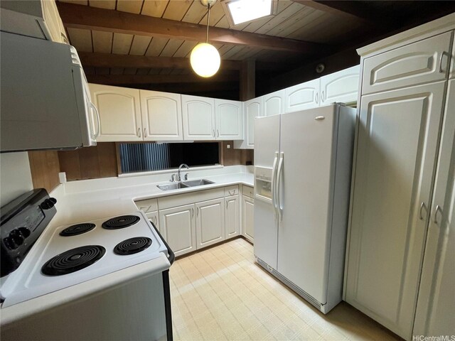 1676 Hoonipo St, Pearl City, HI 96782 - kitchen featuring white appliances, a sink, wood ceiling with exposed beams, light countertops, and white cabinets
