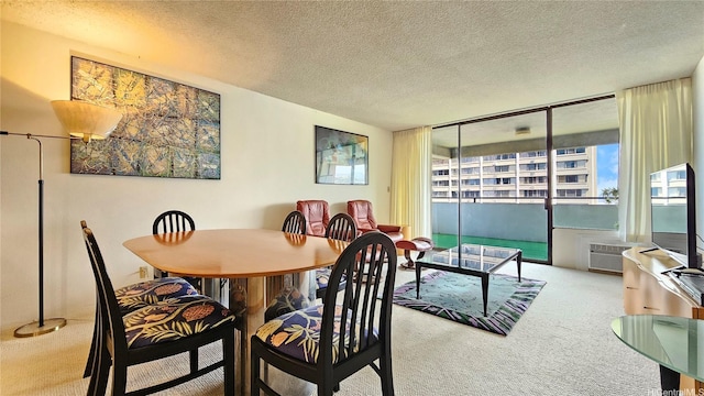 55 S Kukui St Unit D2701, Honolulu, HI 96813 - carpeted dining room with a textured ceiling, a wall mounted AC, and a wall of windows