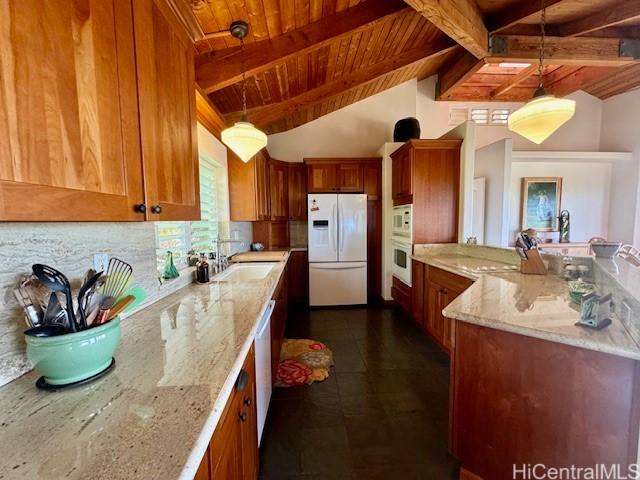 188 Ulua Rd, Kaunakakai, HI 96748 - kitchen with white appliances, wooden ceiling, a peninsula, a sink, and brown cabinets