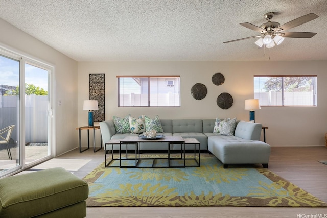 94-1444 Okupu St, Waipahu, HI 96797 - living room featuring a textured ceiling, plenty of natural light, a ceiling fan, and wood finished floors