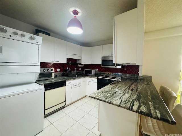 1615 Wilder Ave Unit 401, Honolulu, HI 96822 - kitchen featuring dishwasher, stacked washing machine and dryer, range with electric stovetop, stainless steel microwave, and a peninsula