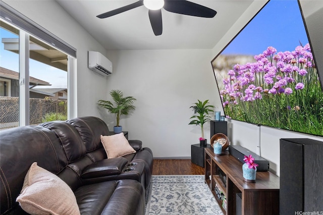 87-230 Holopono St, Waianae, HI 96792 - living room featuring a wall mounted air conditioner, wood finished floors, ceiling fan, and baseboards