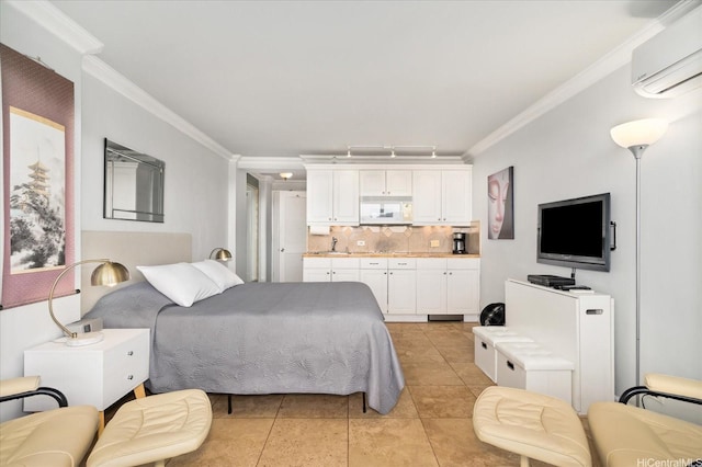 134 Kapahulu Ave Unit 609, Honolulu, HI 96815 - bedroom with an AC wall unit, ornamental molding, and light tile patterned flooring