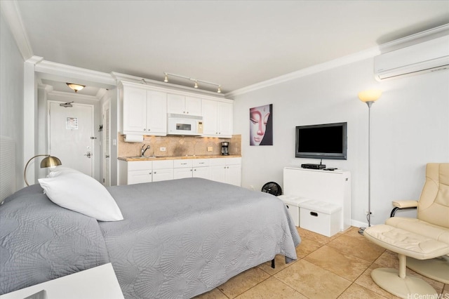 134 Kapahulu Ave Unit 609, Honolulu, HI 96815 - bedroom featuring an AC wall unit, crown molding, and light tile patterned flooring