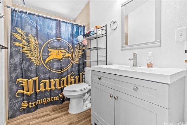 87-1698 Farrington Hwy Unit L, Waianae, HI 96792 - bathroom featuring toilet, vanity, wood finished floors, and a shower with curtain