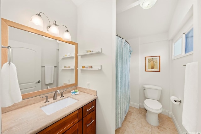 4356 Aukai Ave, Honolulu, HI 96816 - bathroom with vanity, toilet, tile patterned floors, baseboards, and curtained shower