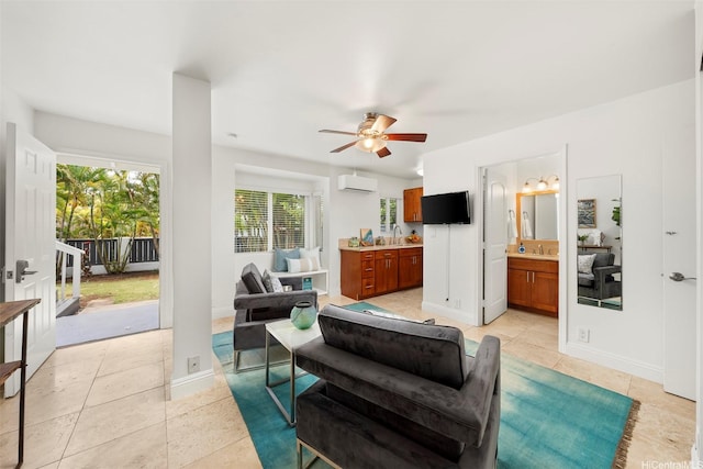 4356 Aukai Ave, Honolulu, HI 96816 - living room with a wall unit AC, a ceiling fan, light tile patterned floors, and baseboards