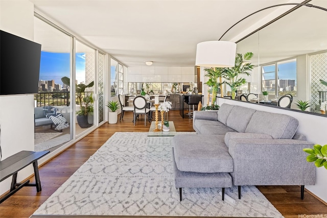 2825 S King St Unit 1403, Honolulu, HI 96826 - living area featuring dark wood-style flooring and expansive windows