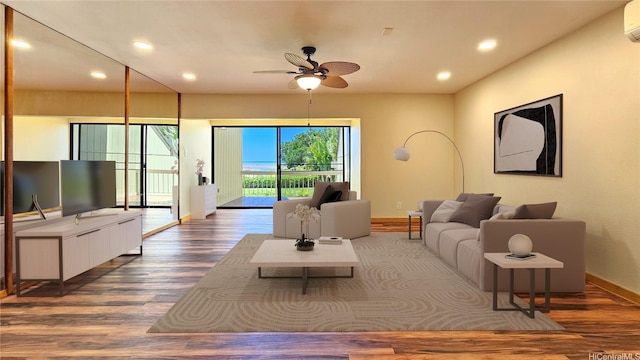 6133 Summer St Unit 6133B, Honolulu, HI 96821 - living room with baseboards, ceiling fan, wood finished floors, a wall unit AC, and recessed lighting