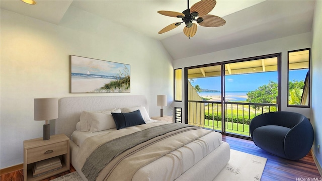 6133 Summer St Unit 6133B, Honolulu, HI 96821 - bedroom with access to exterior, wood finished floors, vaulted ceiling, a water view, and a ceiling fan