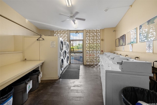 750 Amana St Unit 1203, Honolulu, HI 96814 - communal laundry room featuring estacked washer and dryer and ceiling fan